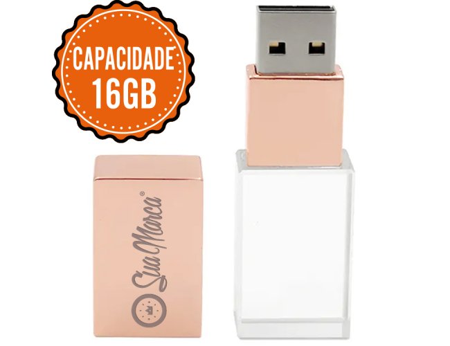 Pen Drive Personalizado Cristal De Vidro Com Tampa Rose De Metal E Capacidade De 16GB