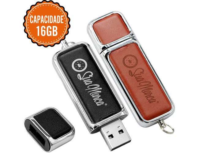 Pen Drive Personalizado De Couro Sinttico E Metal Com Tampa Protetora E Capacidade De 16GB