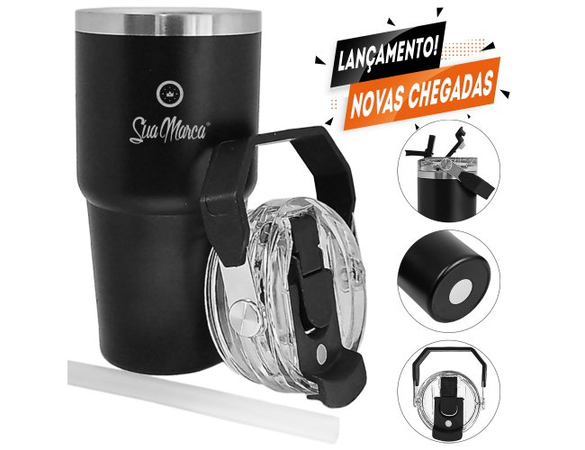 Copo Trmico Personalizado De Ao Inox Com Tampa, Ala E Canudo De 650ml