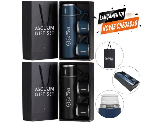 Kit Garrafa Trmica Personalizada De Ao Inox Com 2 Tampas "Xcaras" Extras E Sacola Para Presente De 500ml