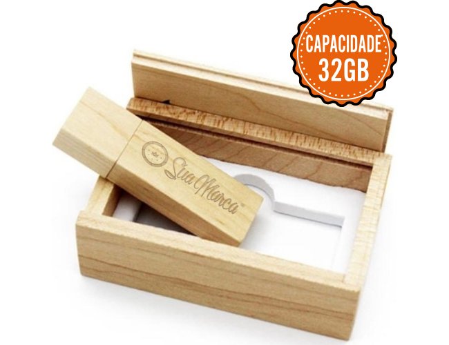 Kit Pen Drive Personalizado Retangular Com Estojo De Bambu E Capacidade De 32GB