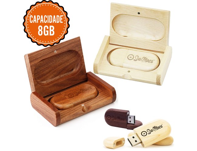 Kit Pen Drive Personalizado Oval Com Estojo De Bambu E Capacidade De 8GB