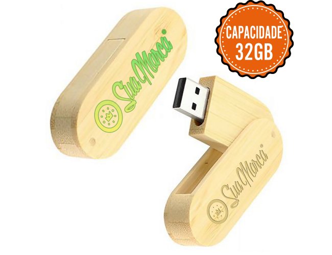 Pen Drive Giratrio Ecolgico Personalizado De Bambu Modelo GRANDE Com Capacidade De 32GB