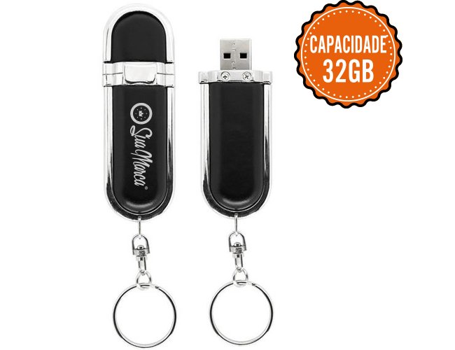 Pen Drive Personalizado De Couro Sinttico E Metal Com Tampa Protetora, Argola De Chaveiro E Capacidade De 32GB