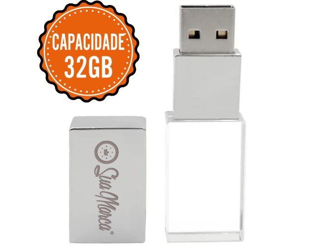 Pen Drive Personalizado Cristal De Vidro Com Tampa Prata De Metal E Capacidade De 32GB