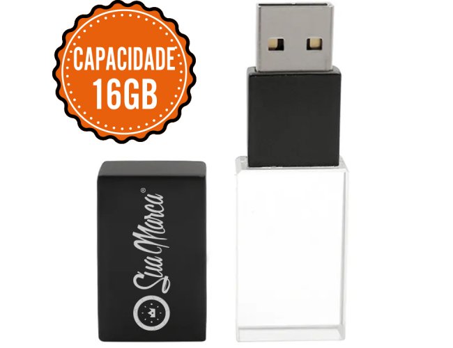 Pen Drive Personalizado Cristal De Vidro Com Tampa Preta De Metal E Capacidade De 16GB