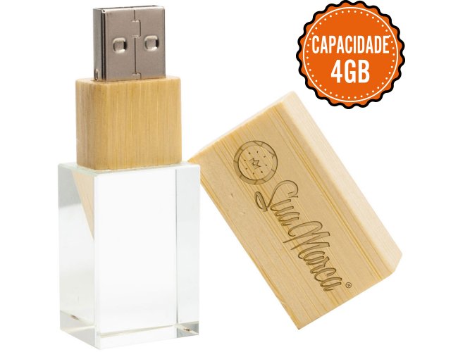 Pen Drive Ecolgico Personalizado Cristal Com Tampa De Bambu E Capacidade De 4GB