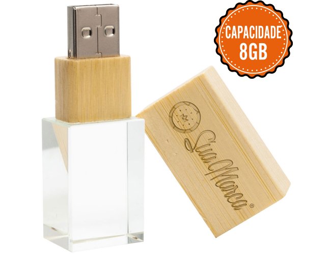 Pen Drive Ecolgico Personalizado Cristal Com Tampa De Bambu E Capacidade De 8GB