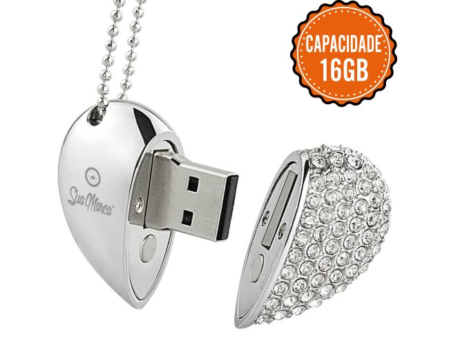 Pen Drive Personalizado De Metal Com Formato De Corao, Pedras Strass E Capacidade De 16GB