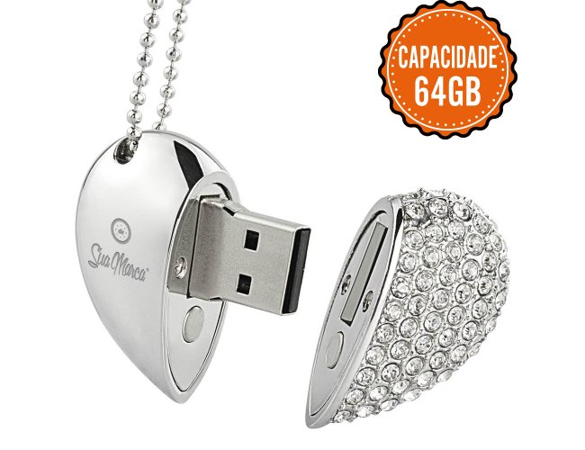 Pen Drive Personalizado De Metal Com Formato De Corao, Pedras Strass E Capacidade De 64GB