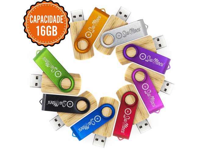 Pen Drive Giratrio Ecolgico Personalizado De Bambu E Metal COLORIDO Com Capacidade De 16GB