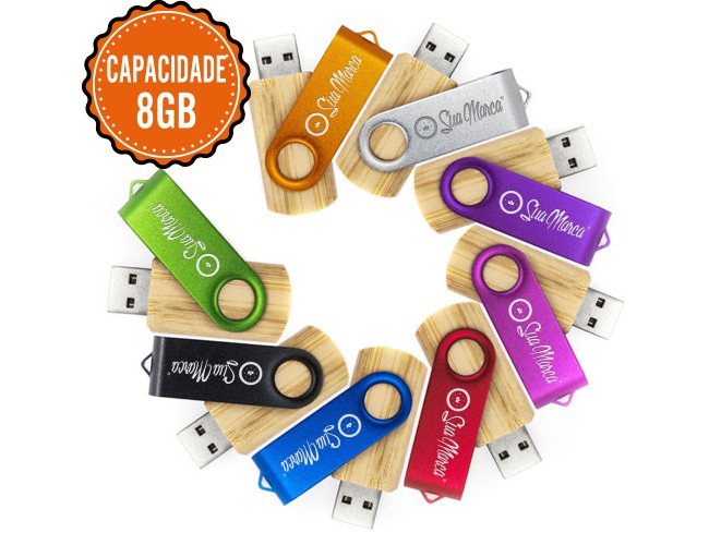 Pen Drive Giratrio Ecolgico Personalizado De Bambu E Metal COLORIDO Com Capacidade De 8GB