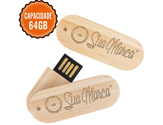 Pen Drive Giratrio Ecolgico Personalizado De Bambu Modelo PEQUENO Com Capacidade De 64GB