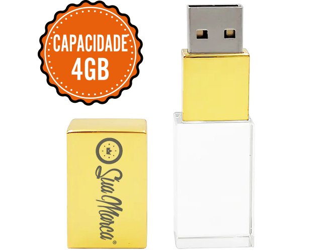 Pen Drive Personalizado Cristal De Vidro Com Tampa Dourada De Metal E Capacidade De 4GB